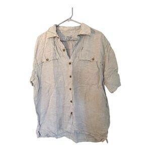 Caribbean Men's Casual Button Down Linen Blend Shirt in tan/gray Large